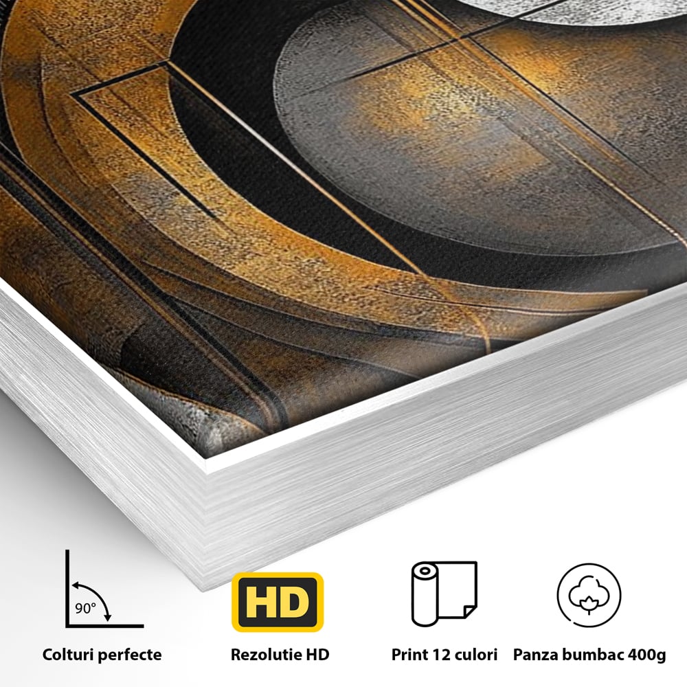 Detaliu al suprafetei: tablou canvas geometric cu cercuri aurii si gri, in rama de aluminiu argintiu